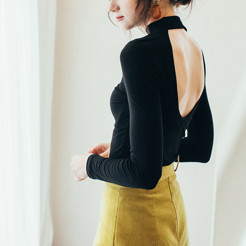 Sem costas manga longa topo moda feminina preto branco malha suéteres primavera outono malhas pulôver t camisa