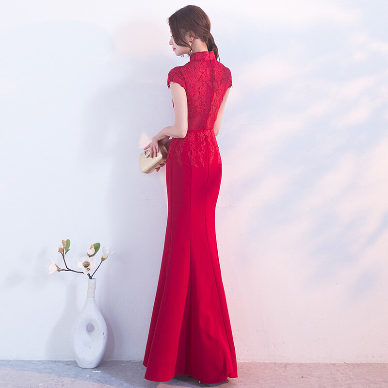 Qipao de encaje rojo con abertura para mujer, vestido de noche chino, Cheongsam largo, elegante, manga corta, para fiesta de verano