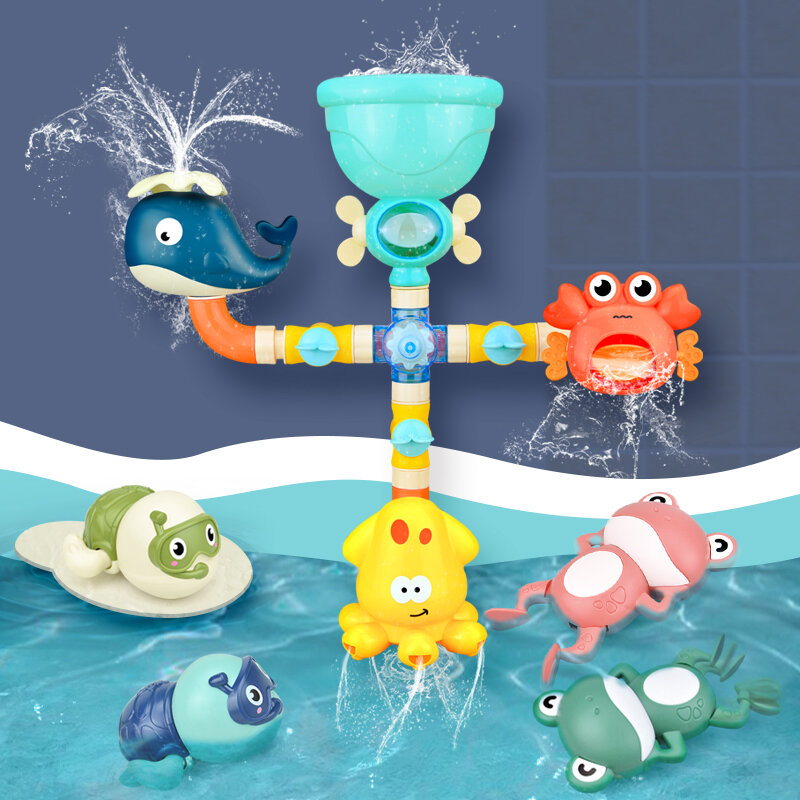 Bath Toys Baby Water Game Faucet Shower Rubber Duck Waterwheel Dabbling Water Spray Set For Kids Animals Bathroom Summer Toys