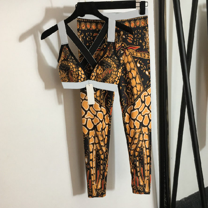 2021 design de luxo moda girafa impresso webbing cruz sutiã feminino colete roupa interior + temperamento magro bottoms calças musculação