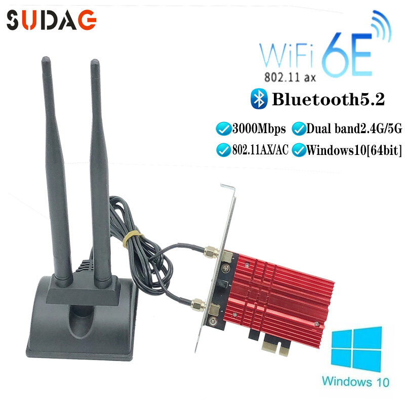 WiFi6E-tarjeta WiFi de doble banda, adaptador de tarjeta de red inalámbrica PC, 3000Mbps, Intel AX210, Bluetooth 5,2, 2,4G/5GHz, 802.11AX/AC, PCI Express