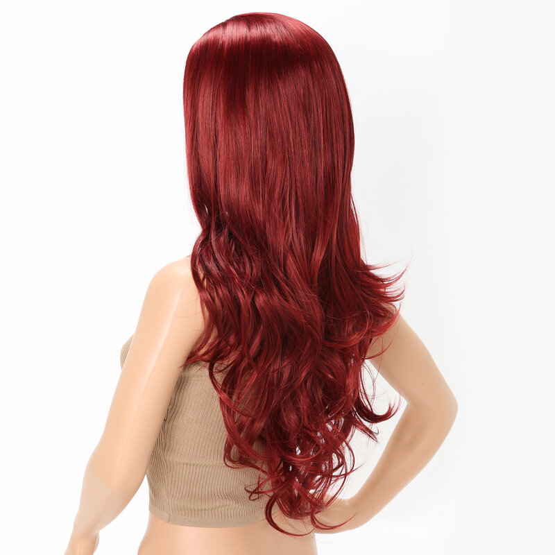 شعر مستعار JUNSI طويل مجعد باللون الأحمر الخمري للنساء مقاوم للحرارة شعر متموج اصطناعي كامل