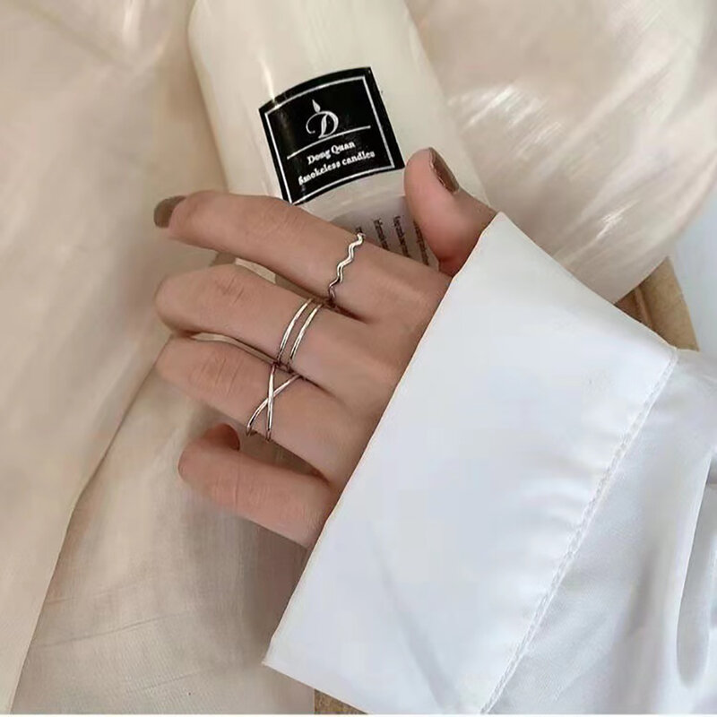 3 pçs/set novo design criativo metal paralelo cruz onda aberto anel feminino versão coreana do estudante simples anel de jóias presente