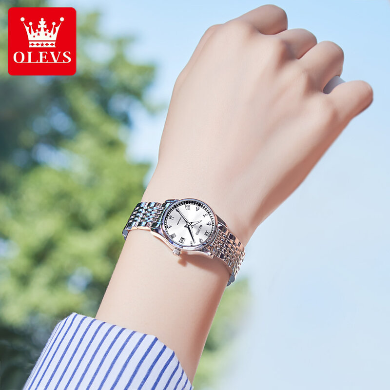 OLEVS-reloj mecánico con correa de acero inoxidable para mujer, pulsera deportiva de marca de lujo, resistente al agua, con fecha, 2021, nueva moda, 6602