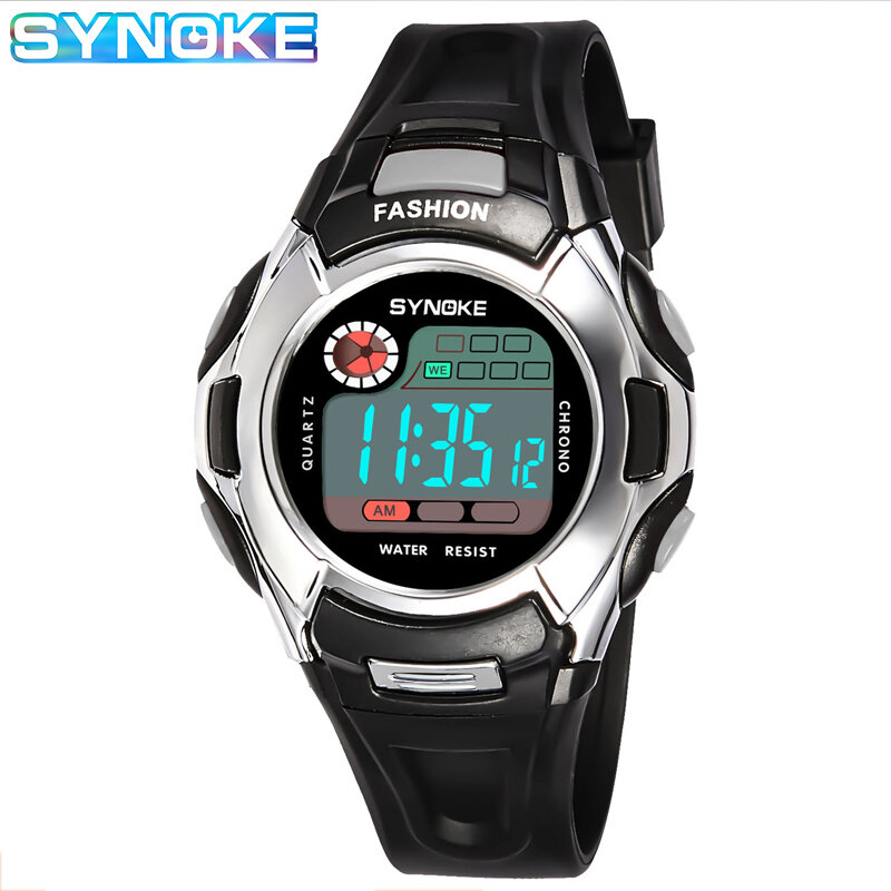Synoke relógio de pulso esportivo para crianças, relógio digital à prova d'água com led e alarme, fashion para meninos e meninas
