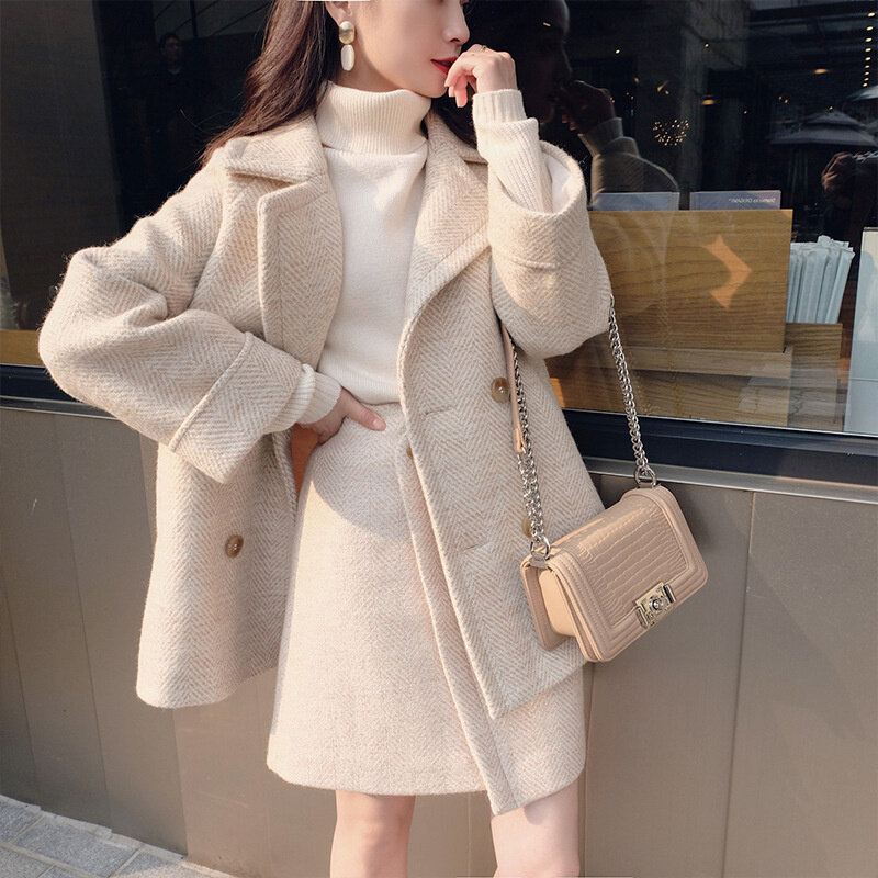 Conjunto de chaqueta y falda de lana de imitación para mujer, abrigo coreano, capa gruesa básica de moda para Otoño e Invierno