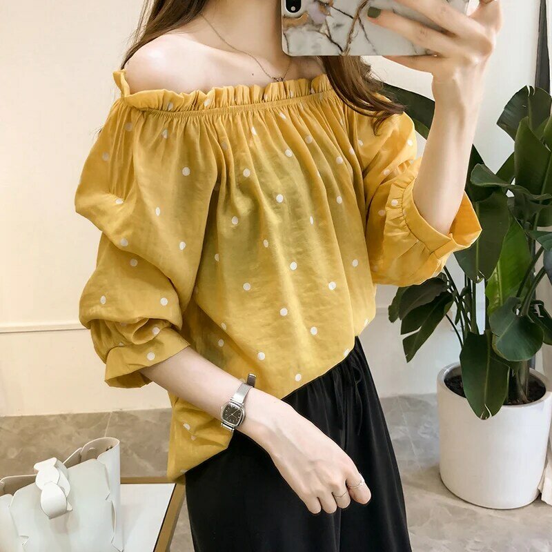 Houthion New Sleeve Blouse One Word Collar Shirt Polka Dot Casual Fashion Tops Summer Plus Size Ruffle