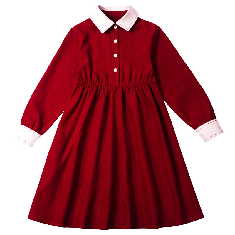 女の子のための秋のドレス,6〜16歳,ボタン,パッチワーク,子供服,長袖,折り返し襟,赤,#6521