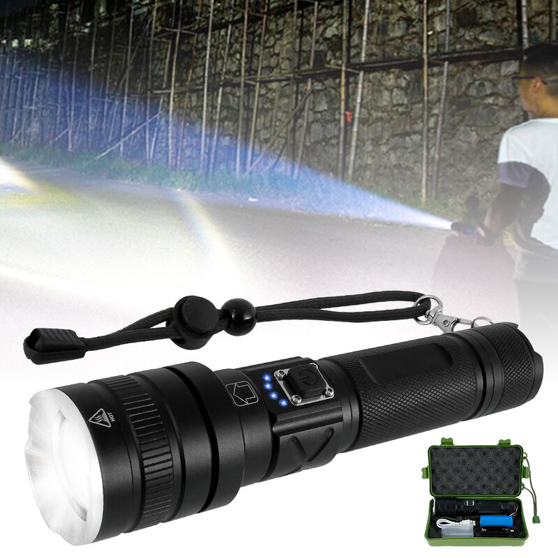 ハイパワーLED懐中電灯,戦術的な狩猟懐中電灯,USB充電式,ズーム可能,超高輝度,5000ルーメン,xhp70