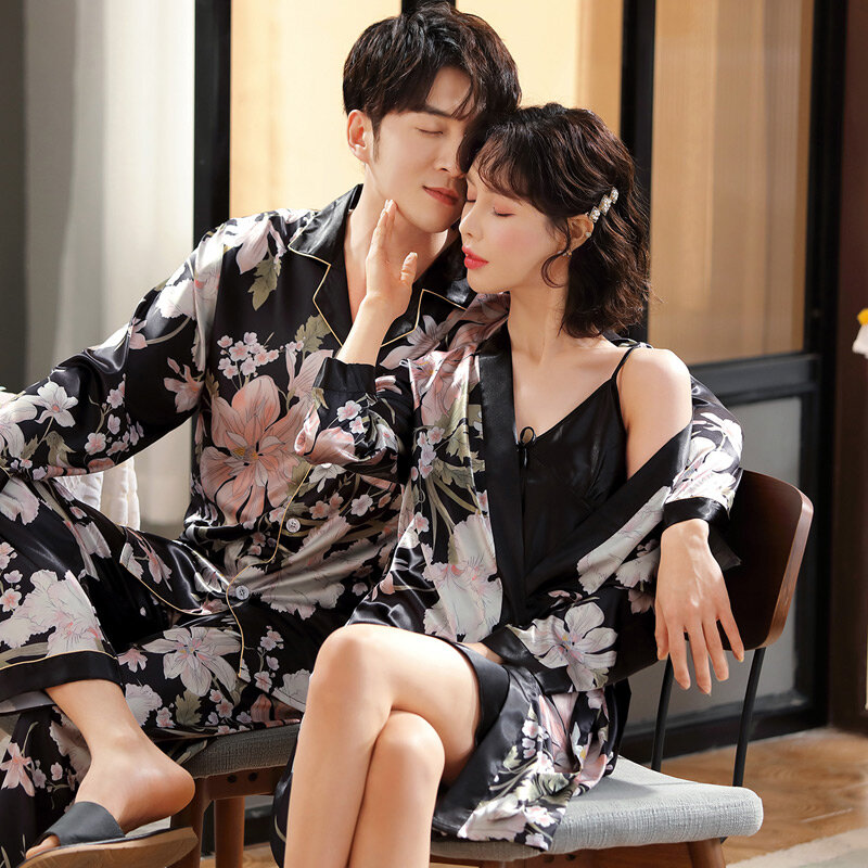 Pyjama de Couple en soie glacée fine pour femmes, vêtements de maison japonais pour hommes, chemise de nuit, jupe de costume, nouvelle collection printemps et automne 2021
