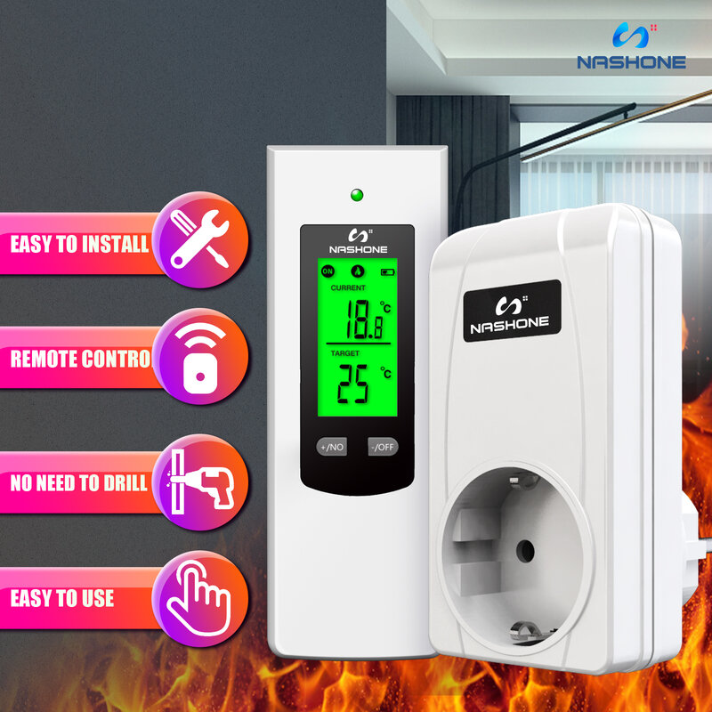 Nashone – Thermostat régulateur de température pour chauffage au sol, sans fil, chaudière à gaz, prise 220V, ue