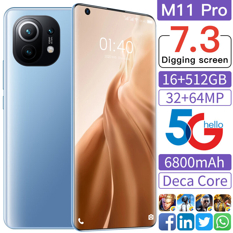 ใหม่ M11 Pro Global Version สมาร์ทโฟนเครือข่าย5G 7.3นิ้ว HD หน้าจอ Snapdragon 888 12G 512G 48MP กล้อง Face ID โทรศัพท์มือถือ