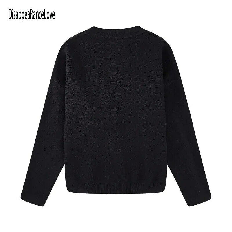 Suéteres de Chaqueta corta para mujer, jersey negro con cuello de pico, cárdigan de punto con una botonadura