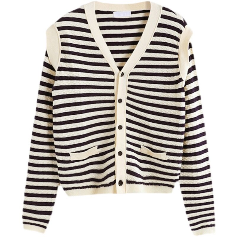 Cardigan For Women French Striped Knitted Coat In Spring And Autumn New Loose Off Shoulder Double Cardigan Sweater