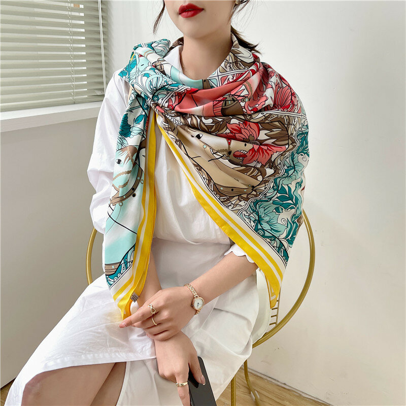 Châle en soie imprimé cheval pour femmes, écharpe carrée en soie de 130 Cm, grande écharpe de styliste avec lettre, écharpe en soie de 130 cm