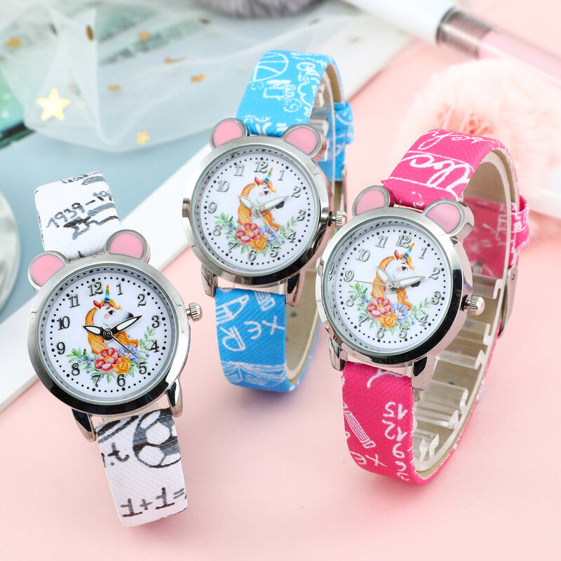 키즈 시계 패션 귀여운 만화 유니콘 가죽 스트랩 손목 시계, 클래식 소녀 소년 시계 어린이 석영 시계 소녀 시계