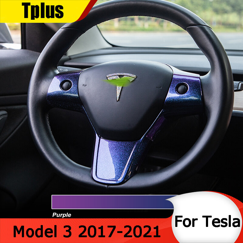 New For Tesla Model 3 Y Auto Accessories Case Carbon Fiber Car Styling Car Steering Wheel Decoration Cover Trim Frame Sticker