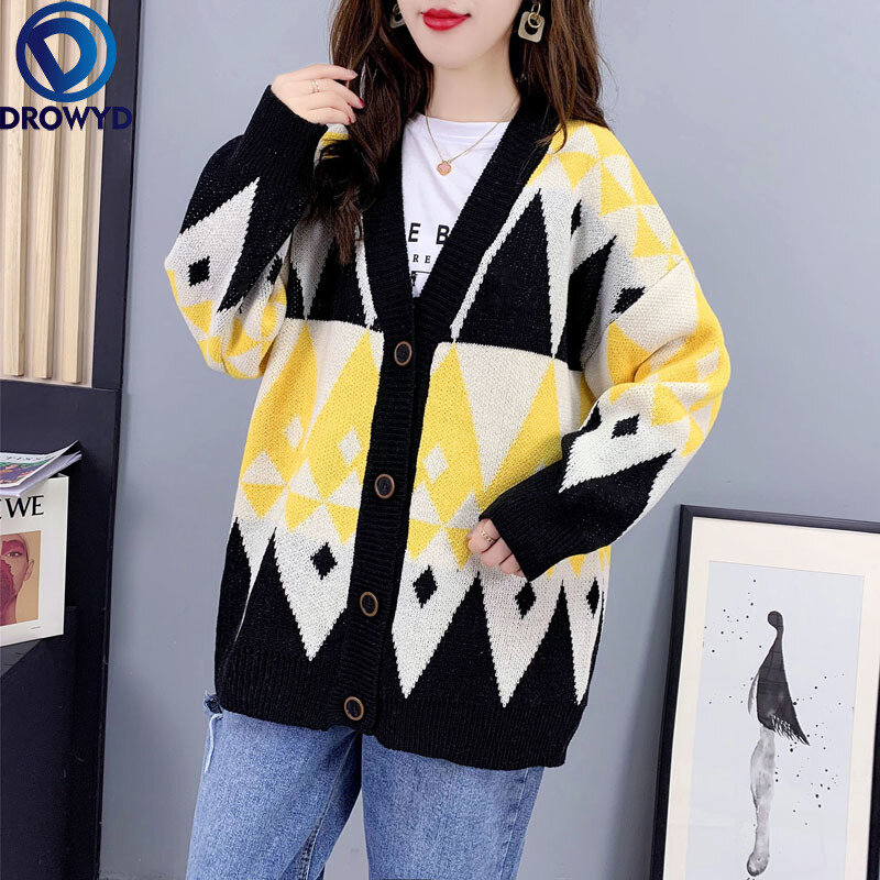 Single-breasted Sweater Jacket Women Autumn/winter 2021 New Lazy Style Korean Loose Knitted Cardigan Western Thick Outerwear Top