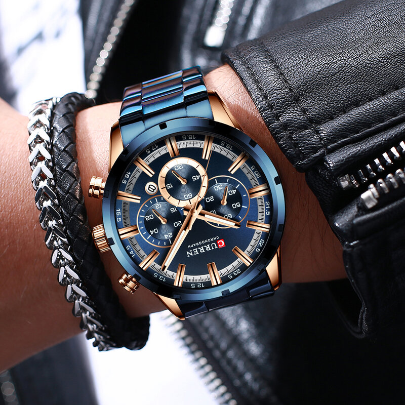 Luxe Merk Curren Mannen Mode Horloge, Blauw Business Geavanceerde Stijl Chronograaf, Sport Waterdicht Heren Quartz Horloge