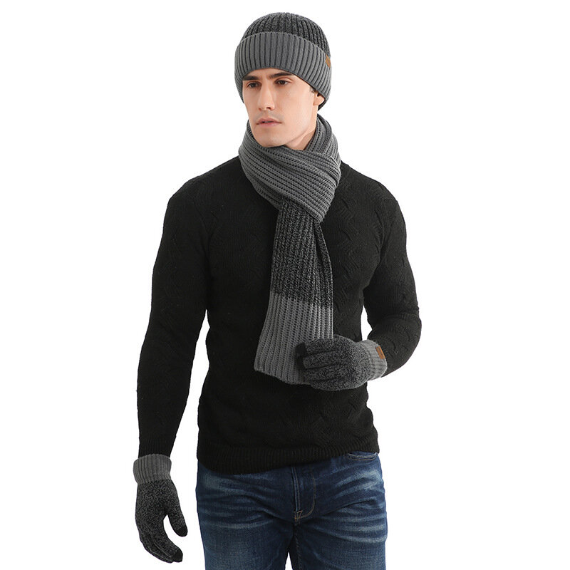 Sombrero de lana gruesa para hombre y mujer, traje cálido, gorros, bufandas, guantes, regalo de tres piezas para hombre, Otoño e Invierno