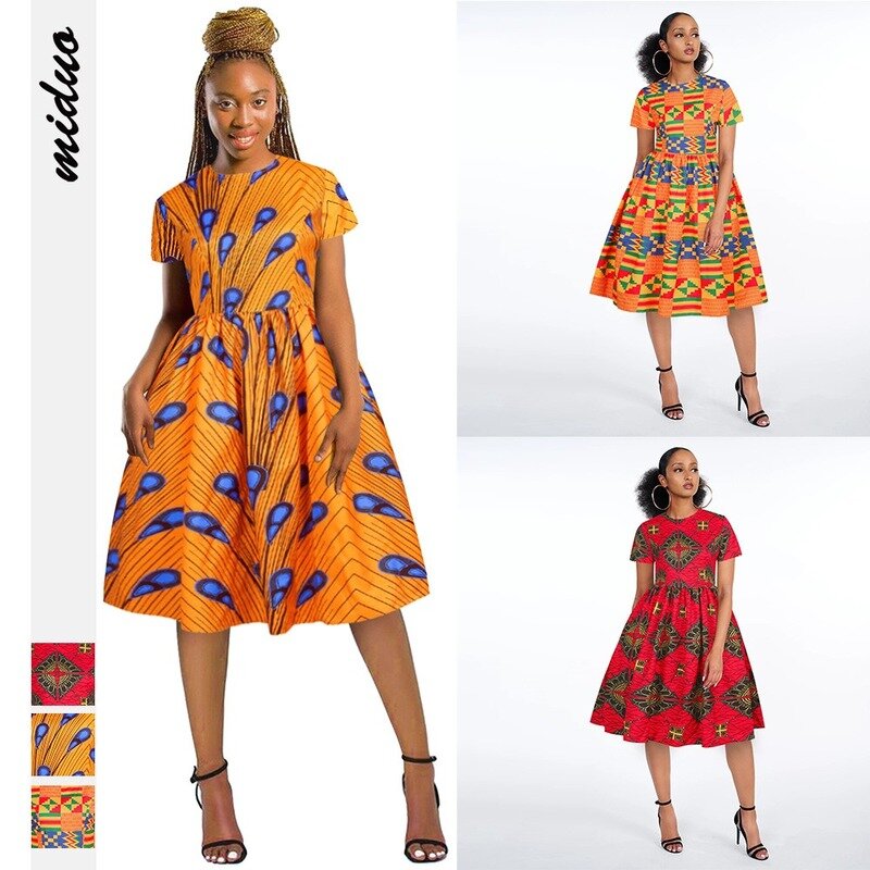 Fashion African Plus Size Dress for Women Printed Short Sleeves Swing Female Africa Dress Yellow Africa Woman Clothes 2020