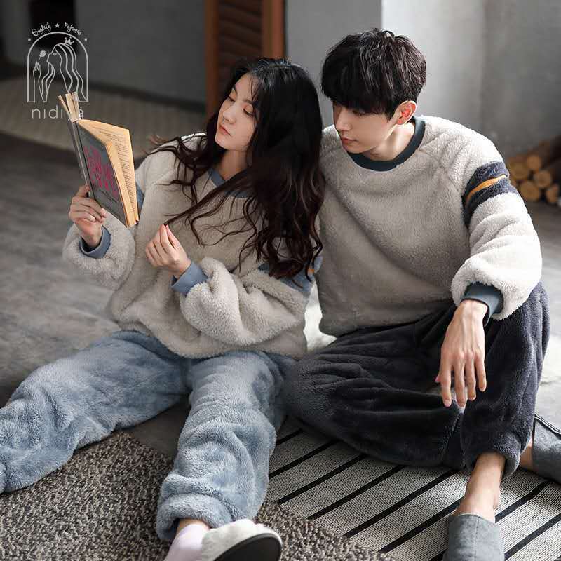 Coral Fleece Pajamas for Couples Female Winter New Long-sleeved Head Set Sports Thickened Home Wear Set Pajamas Set Sleepsear