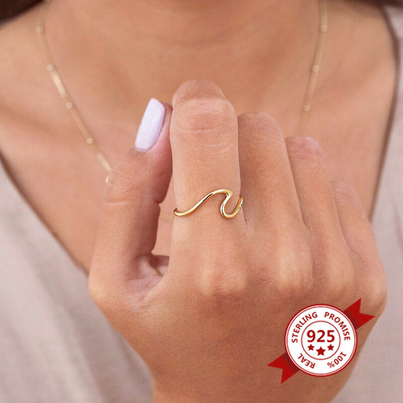 Prawdziwe 100% 925 ze srebra wysokiej próby z cyrkonią pierścień dla kobiet koreański INS minimalistyczny nieregularny wzór fali biżuteria urodziny/Party prezent
