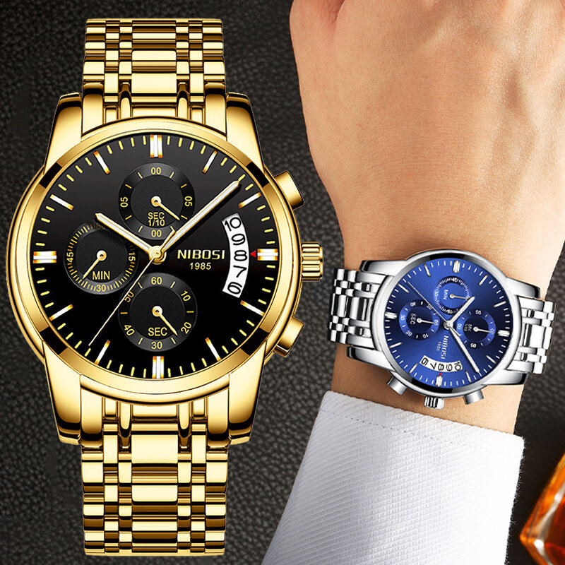Nibosi men watch 2019 marca de luxo aço inoxidável relógio à prova dwaterproof água moda calendário analógico quartzo negócios masculino relógio de pulso