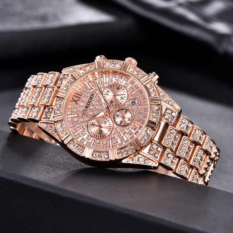 Bussiness-Reloj con diamantes de imitación para Hombre, cronógrafo de acero, estilo Hip Hop, dorado, de lujo, regalo Masculino