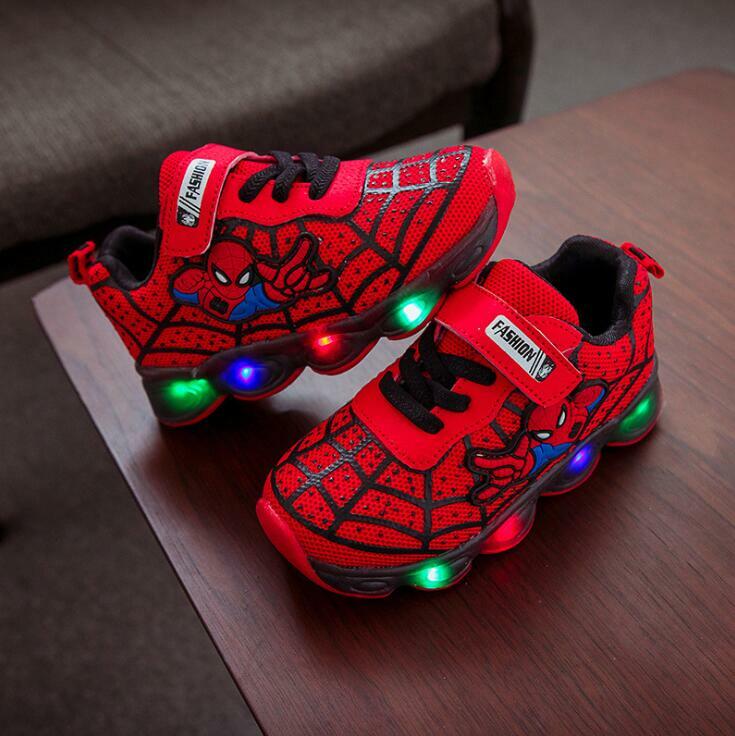 Sepatu Sneakers Bercahaya Spiderman Anak Perempuan Laki-laki Sepatu Olahraga Lari Tanpa Tali Sepatu Led Anak-anak Bayi Anak-anak Sneakers Bayi Balita