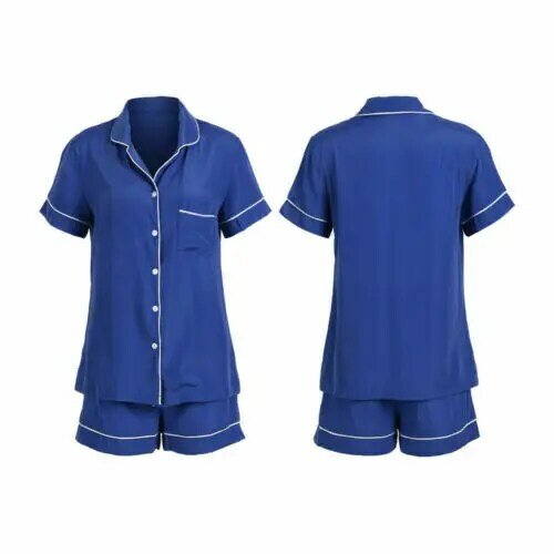 Conjunto de pijama feminino casual de verão, camiseta e calça de cetim de seda com botão, manga curta, preto e azul