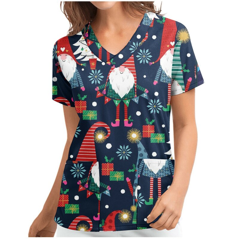 Blusa de enfermera con estampado de dibujos animados para mujer, uniforme de trabajo con cuello en V, manga corta, con bolsillo, para Navidad y acción de gracias