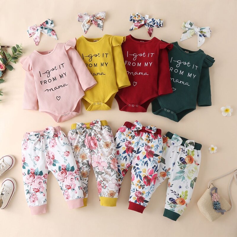 Conjunto de ropa de otoño para niñas recién nacidas, Pelele de punto de manga larga con letras y estampado Floral, pantalones y Diadema, 0 a 24 meses, 3 uds.