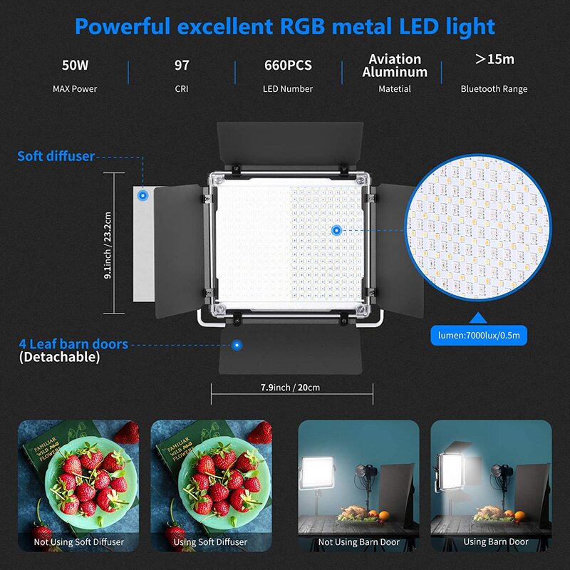 Neewer 2 paczki 530/660 Pro Led Light z kontrola aplikacji fotografia wideo zestaw oświetlenia ze stojakami, Softbox, ściemnialne diody Led 660 SMD