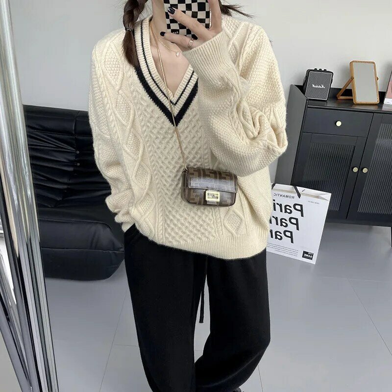 Autumn Winter Retro Women Sweater Pullovers Knitted Casual V-Neck Turn-down Collar Feminine Loose Soft Sweet Tops White Black