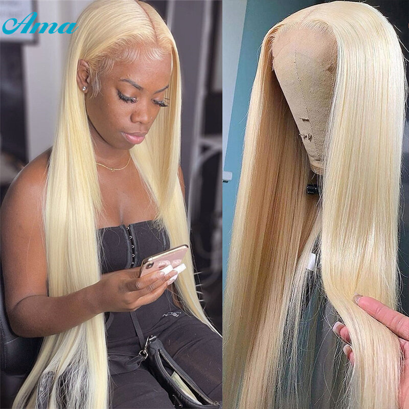 Perruque Lace Frontal Wig 613 brésilienne naturelle, cheveux humains, blond, 30 pouces, pour femmes