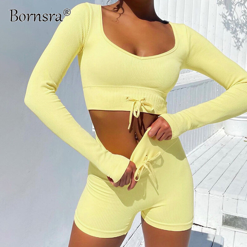 Bornsra 2021 Новый женский однотонный костюм с шортами модный тонкий повседневный спортивный костюм с шортами