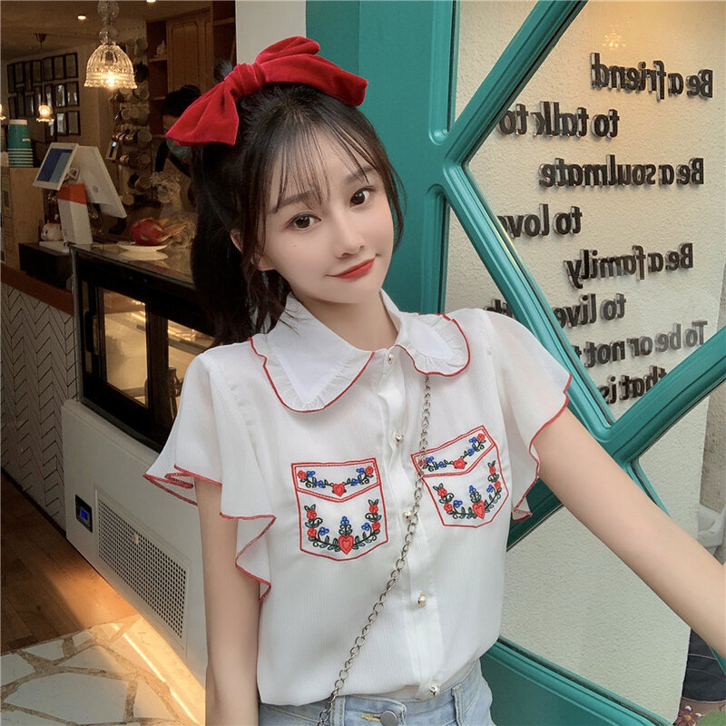 Lato nowy koreański 2021 haftowane szyfonowe krótkie rękawy bluzki koszula białe damskie topy i bluzki odzież damska 901FH
