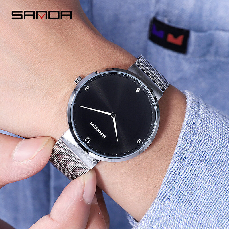 SANDA-montre-bracelet Simple pour hommes, à la mode, Ultra mince, étanche, or Rose, noir, horloge, décontracté