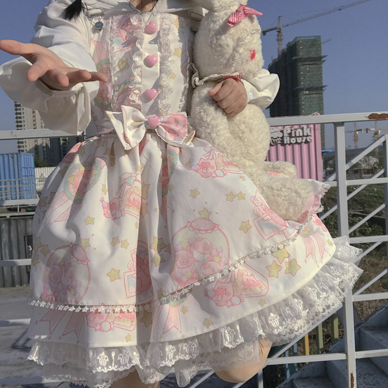 Japoński słodki Kawaii Jsk sukienka Lolita kobiety Vintage wiktoriański Gothic Cartoon bez ramiączek z kokardą koronkowa księżniczka spotkanie przy herbacie sukienki