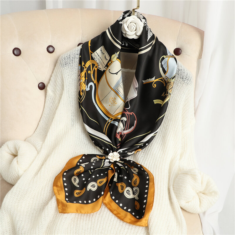 Роскошная брендовая шелковая атласная квадратная Женская бандана, мусульманская накидка, шали, Модный женский шейный платок 90*90 см