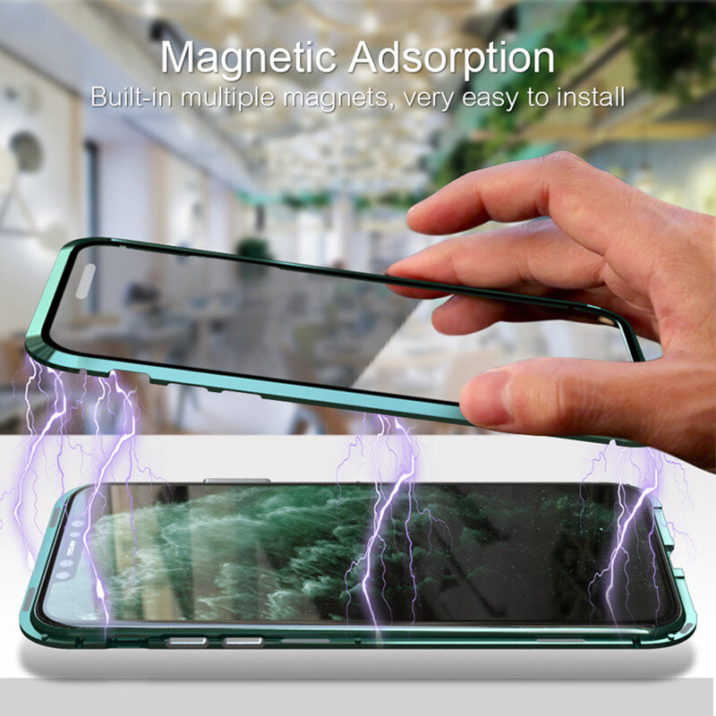 Metal Magnetic Adsorption Flip Case For iPhone 14 13 12 11 Pro XS MAX XR 8 7 Plus Transparent Double Sided Glass Magnet Case
