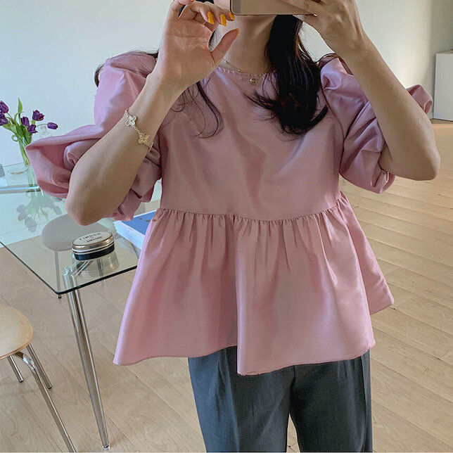 Pakaian Musim Semi/Musim Panas Minoritas Prancis Chic Korea Kaus Kecil Kemeja Boneka Mengurangi Usia Lengan Puff Lentera Mode Cerah
