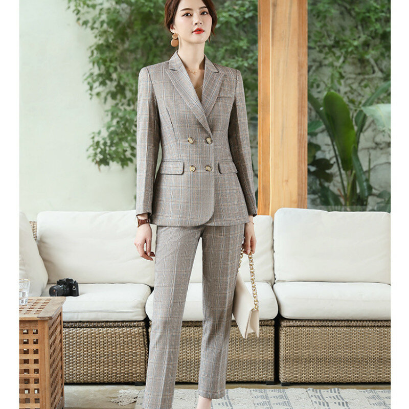 Inverno novo negócio profissional feminino terno temperamento duplo-breasted xadrez terno jaqueta feminina calças finas terno de duas peças conjunto