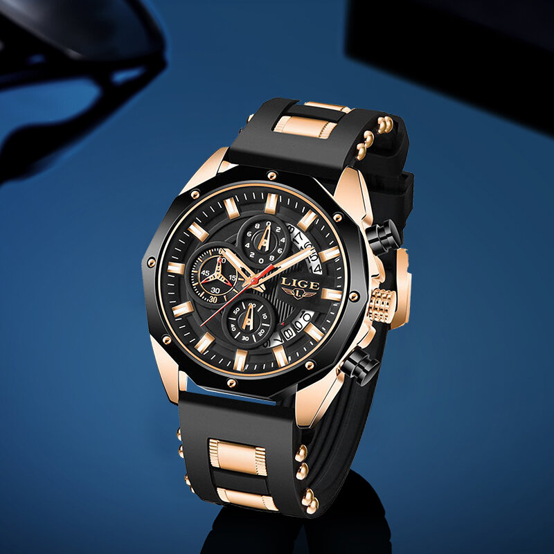 2020 LIGE 새로운 패션 남성 시계 브랜드 럭셔리 실리콘 스포츠 시계 남자 석영 날짜 시계 방수 손목 시계 크로노 그래프