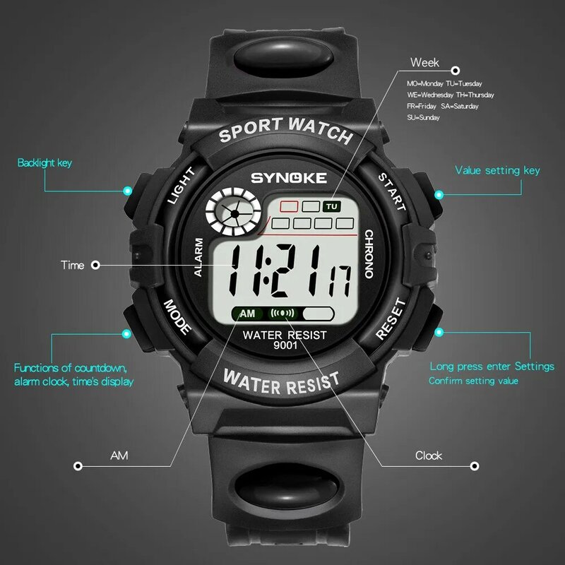 Waterproof Children Boys Multi-Function 30M Waterproof Watch LED Digital Double Action Watch Kids Alarm Date Electronic Watch Q