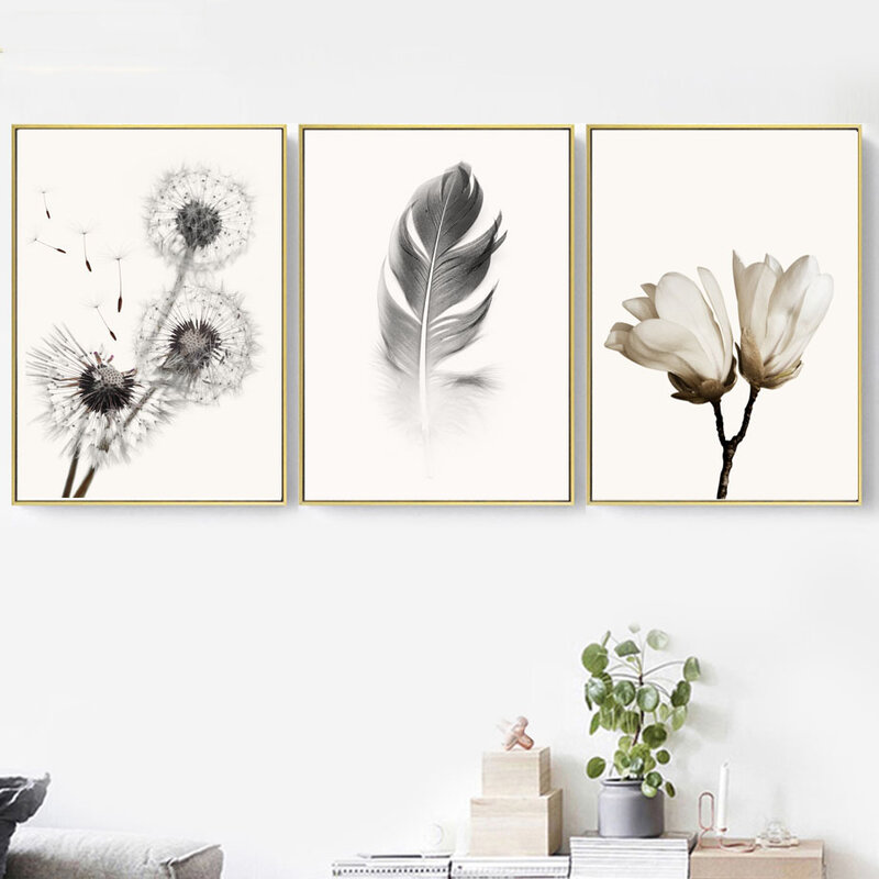 Canvas Painting Wall Art Nordic Poster Black White Dandelion Feather Rose Flower Pictures For Bedroom Home Decor No Frame