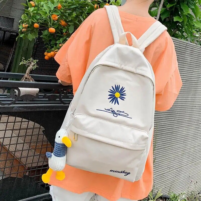 Bordado novo feminino escola mochila flor transparente estudantes sacos de ombro moda lona mochilas