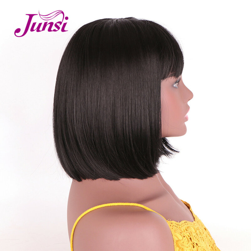 JUNSI-peluca corta y recta con flequillo para mujer, pelo sintético, color negro, resistente al calor, para Cosplay