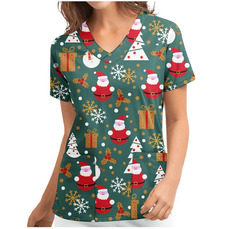 Nadruk świąteczny z dekoltem w szpic krótkie rękawy pielęgniarka peeling topy boże narodzenie bałwan koszula z krótkim rękawem T-shirt lekarz salon kosmetyczny jednolity